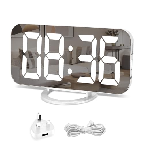 U-picks Digital Alarm Clock, 6.5 Inch Large LED Screen Alarm Mirror with Brightness Dimming Mode, Adjustable Brightness, 2 USB Charging Ports, Big Snooze Button for Home Decor White