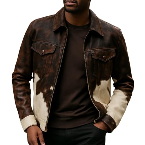 Men's Cowhide Leather Motorcycle Jacket – Western Cow Print Coat Animal Print Cow Jacket4