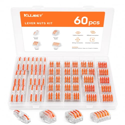 Image of Kuject Lever Nuts Wire Connectors Kit AWG 28-12, Quick Electrical Connectors Push-in with Stud 2 /3 / 5 Conductor Combination and 1 in 1 Out Inline Terminals for Splicing -60pcs