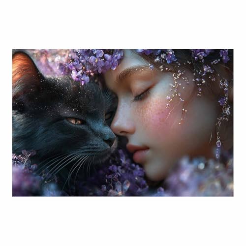 Chat fleurs violettes décoration murale apaisante pour chambre à coucher zen