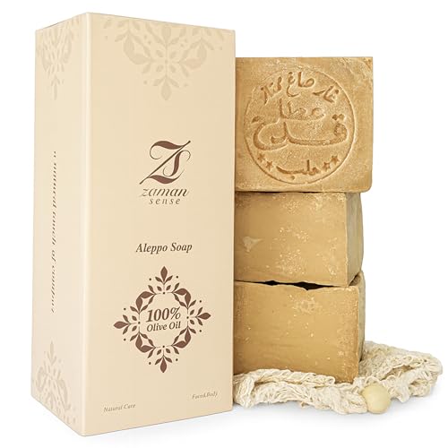 Zaman Sense Original Aleppo Seife 3er-Set 100% Olivenöl je 200g + Seifensäckchen Premium-Qualität handgefertigt & vegan basische Naturseife für Gesicht Körper & empfindliche Haut