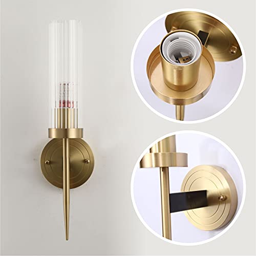 Image of BOKT Modern Cylinder Sconces Wall Lighting Set of Two Mid Century Antique Brass Gold 1-Light Wall Sconce Set of 2 Clear Crystal Glass Wall Sconce Lamp for Bathroom