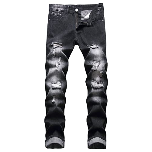 Men's Ripped Trend Slim Denim Straight Leg Pants Skinny Fashion Denim with Hole Jean Distressed Destroyed Pant