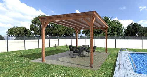 Pérgola de Madera para Exterior - Linea ESTANDAR VIP, 3 x 3 Metros, Techo Machihembrado con Capa Asfáltica, Estructura Maciza (Roble)