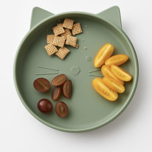 Image of Spoondrift 100% Food Grade Silicone Slip-Proof Suction Cat Shaped Plate | BPA-Free | Non-Toxic | For Toddler Meal Time, Choose From 3 Colors (Sage)