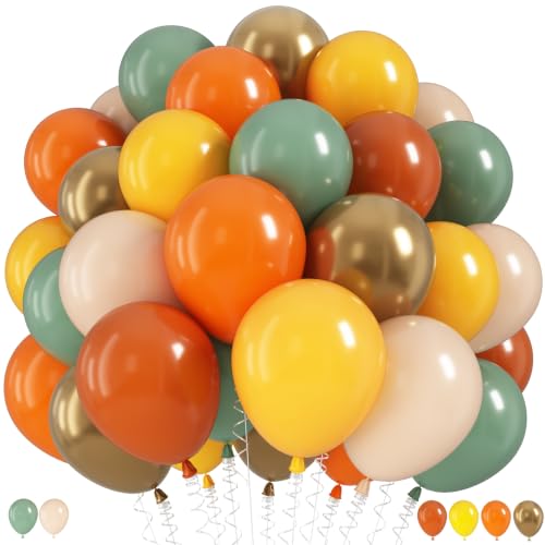 Image of Fall Balloon, Orange Yellow Green Beige Gold Balloon for Autumn Party Decor | Orange Mustard Yellow Sage Green Beige Metallic Gold Fall Color Latex Balloon, Thanksgiving Harvest Birthday Party Decor