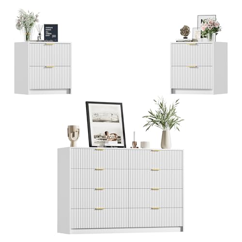 Image of Furniway Modern White 3-Piece Dresser Bedroom Set, Fluted Wood 8 Drawer Dresser with Gold Handles and 2 Drawer Nightstands, Chest of Drawers for Bedroom, Living Room, Entryway