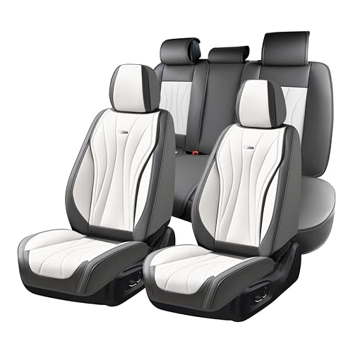 Image of Coverado Seat Covers Full Set, Leather Car Seat Covers, Waterproof Seat Covers for Cars, Front and Back Seat Covers, Car Seat Protectors Car Seat Cushions Universal Fit for Most Cars, Gray&White
