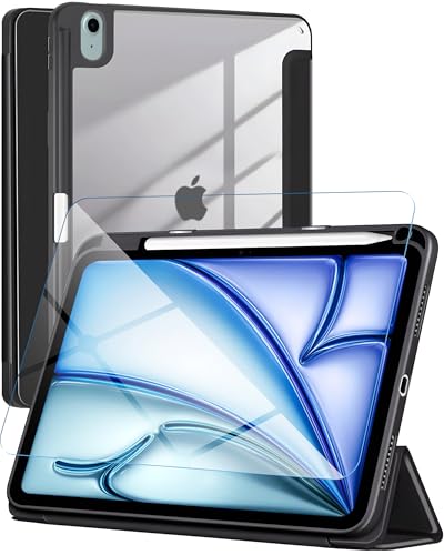 eller santé® 2IN1 Combo Back Flip Stand Cover Case + Tempered Glass for iPad Air 11 inch (M2) 360 Degree Pencil Holder Free-Angle Viewing with Adjustable Stand Auto Wake/Sleep- Black