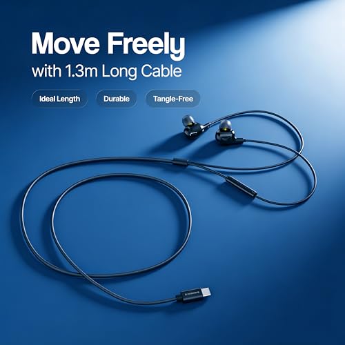 Image of Ambrane Type C Wired Earphones with Mic, Dual Dynamic Drivers, Hi-Fi Stereo Sound, Deep Bass, in-Ear Earphones for Gaming, Music & Calls, Compatible with Type C Smartphones, iPhone,Android, Ipad