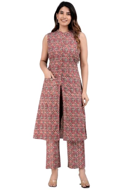 Image of Cotton Printed Front Slit Kurta with Palazzo Set for Women