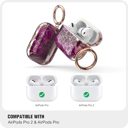 Image of wenew case for Airpods Pro 2 Case, Flower Airpod Pro Slim Hard Case Cover with Carabiner for Women Girls (Golden Purple)