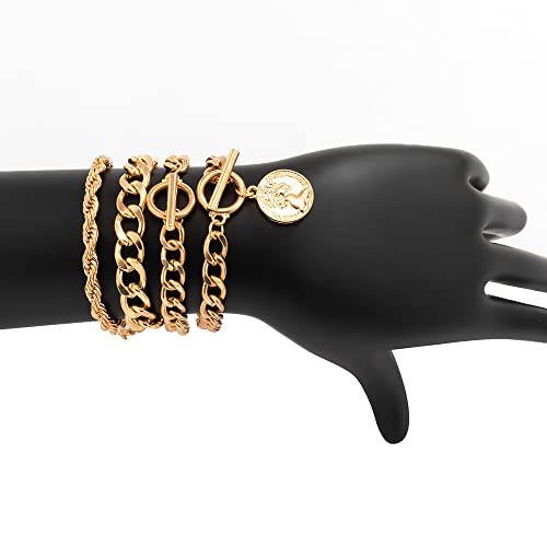 Boho Fashion Dainty Boho Gold Silver Chain Stackable Bracelets Set for Women Adjustable Beaded Coin Chunky Flat Cable Chain Punk Bracelets Jewelry for Women Gift Set of 43