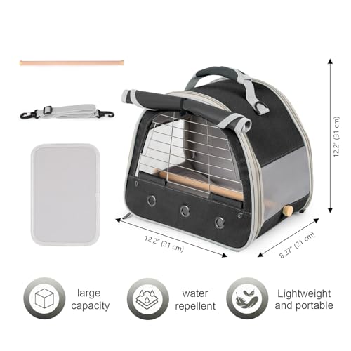 Image of Bird Travel Carrier Cage, with Stainless Steel Metal Window and Wood Perch, Portable Bag for Cockatiel Parakeet Conure Green Cheek Budgie (Black, Steel Window)
