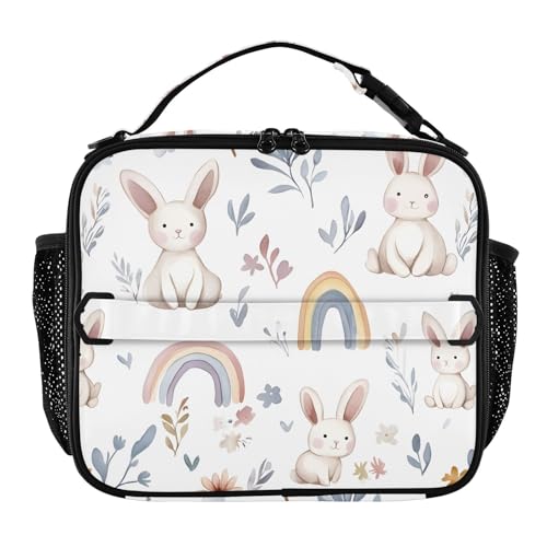Bolsa de almuerzo aislada para niños y niñas, con diseño de conejos, arcoíris, bolsa de almuerzo reutilizable para picnic, trabajo, oficina, viajes, escuela
