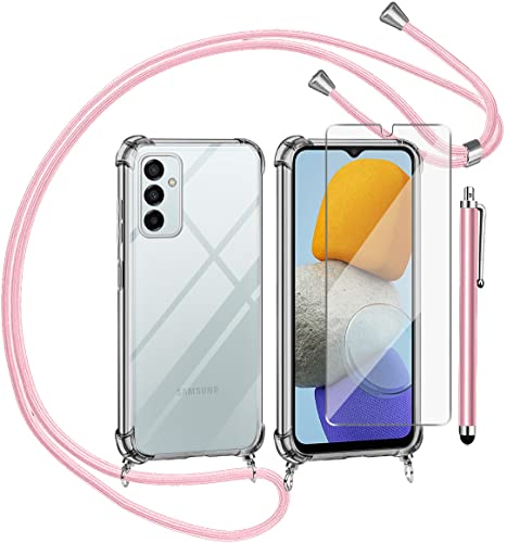 Funda con Cuerda para Samsung Galaxy M23 5G y Cristal Templado Protector de Pantalla,Transparente Suave Silicona Carcasa, Ajustable Cordon Collar Colgante Antigolpes Case, Rosa Cover
