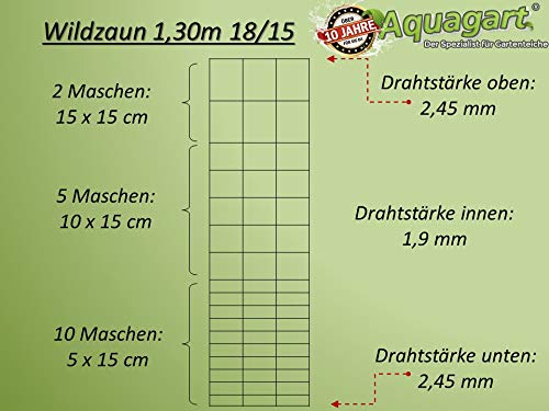 Stabiler Wildzaun 50m von Aquagart 130/18/15 Schwere Ausführung + 1 Drahtspanner gratis Zaun Höhe 130 cm, 18… – Bild 3