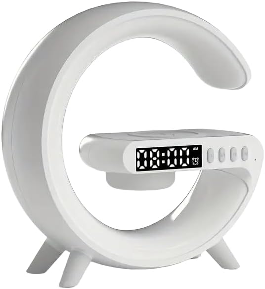 SEDLAV Multi-Function G Shape Bluetooth Speaker with Digital Alarm Clock, Wireless Charger, FM Radio, LED Night Light, and Dual Speakers