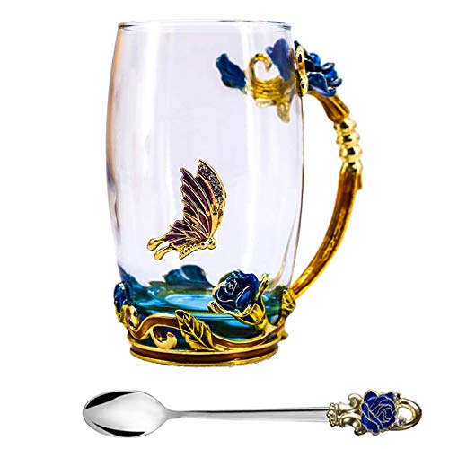Tea Cup, Mother's Day Gifts, Coffee Mug, Clear Glass Cups with Spoon Set, Lead Free Handmade Butterfly, Unique Rose Flower Enamel Design, Birthday Decoration Wedding Gift Ideas (Blue Tall)