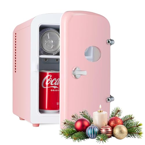 Image of HealSmart Mini Fridge Portable 4 Liter /6 Can with Observation Window, Cooler&Warmer Small Desk Compact Refrigerator for Skin Care, Cosmetics, Beverage, Food in Bedroom, Car, Office, Dorm, Pink