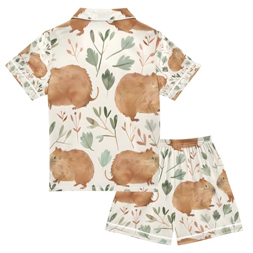 senya Capybara Leaves A Satin Summer Pajama Sets Silk Short Sleeve Button Down Sleepwear2