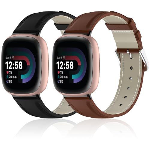 Lzwldan 2 Pack Leather Bands Compatible with Fitbit Sense/Fitbit Versa 3 Bands Women Men,Soft Genuine Leather Replacement Wristband for Fitbit Versa 3/Versa 4/Sense/Sense 2 Smartwatch