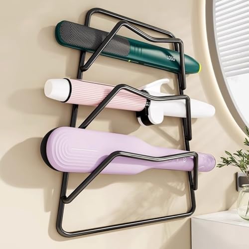 Organizador de herramientas para el cabello, estante de almacenamiento montado en la pared para rizador, clips de alisador, accesorios para el baño o el inodoro (dos historias, negro)