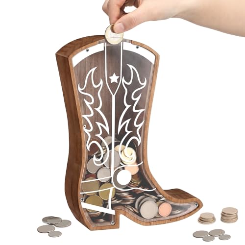 Remerry Wooden Piggy Bank Large Western Cowboy Money Box Clear Wood Coin Box Unbreakable Saving Money Jar Personalized Creative Gifts for Birthday Christmas Western Home Decor