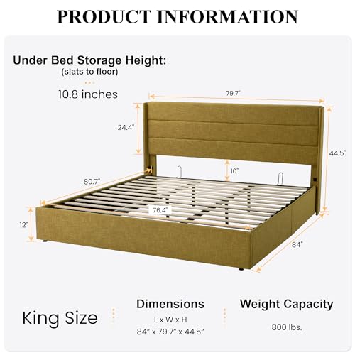 SHA CERLIN King Size Lift Up Storage Bed/Modern Wingback Headboard/Upholstered Platform Bed Frame/Hydraulic Storage/No Box Spring Needed/Wood Slats Support/Olive Yellow