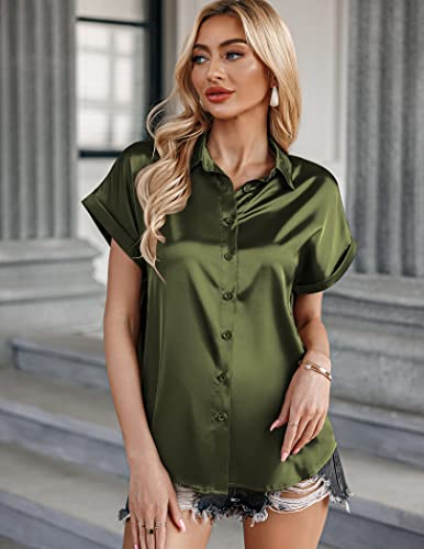 Zeagoo Satin Button Up Shirts For Women Short Sleeve Silk Shirts Casual Silk Blouse Tunic Top Army Green #TOP4
