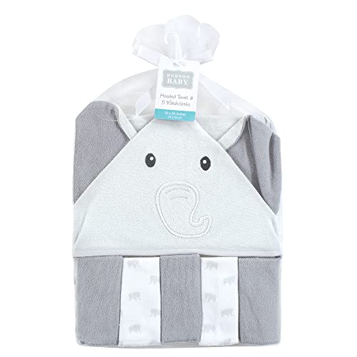 Image of Hudson Baby Unisex Baby Hooded Towel and Five Washcloths, Gray Elephant, One Size
