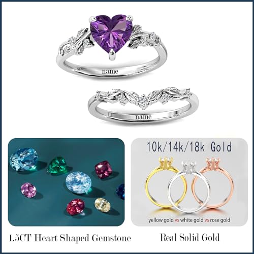 10K/14K/18K Solid Gold Vintage 1.5CT Heart Gemstone Engagement Ring Set for Bridal Leaf Vine Art Deco Birthstone Wedding Promise Anniversary Rings Sets for Women Her Size 4~124