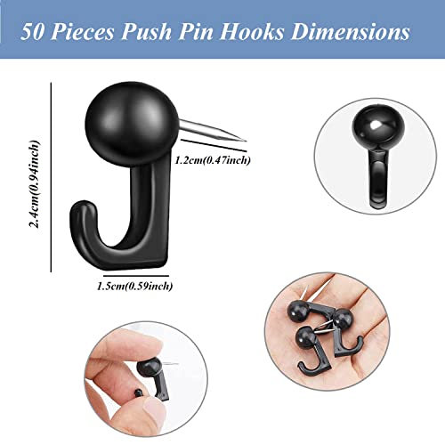 50 PCS Push Pin Hooks, Plastic Heads Cork Board Hooks Decorative Pin Tacks Thumb Tacks for Photo Wall, Bulletin Board, Home Office School Supplies (Black)