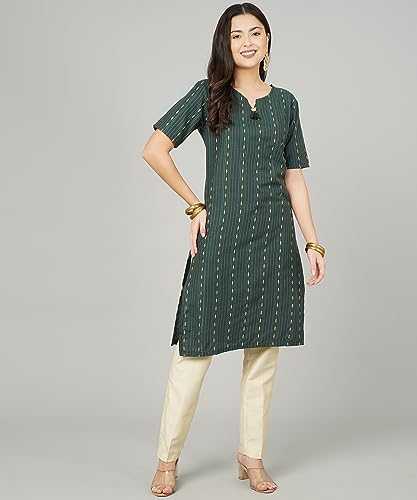 Image of Cotton Dobby Woven Design V- Neck Elbow Sleeves Knee Length Kurta for Women's