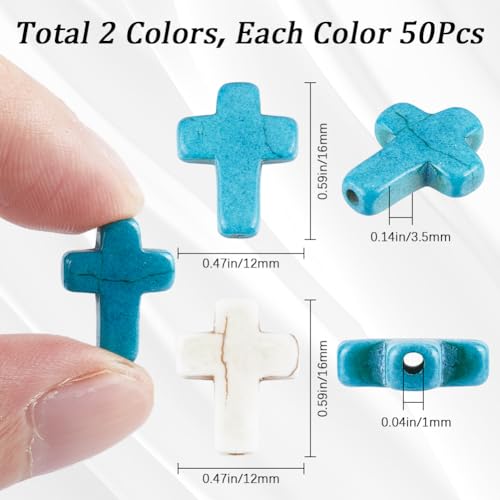 SUNNYCLUE 1 Box 100Pcs Cross Beads Bulk White Blue Synthetic Turquoise Stone Beads Easter Holiday Pocket Crosses 16x12mm Mini Small Loose Spacer Cross Beads for Jewellery Making DIY Beading Supplies - Image 2