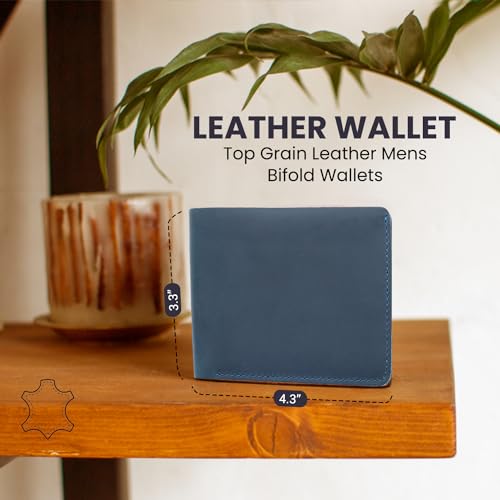 Leather Wallet for Men, Top Grain Leather Mens Bifold Wallets, With Flap Out ID WIndow Holder, Handcrafted, Strong Stitching, Extra Capacity for bills, 14 Card Slots, Gift for Him (Blue)2