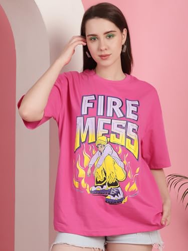 Image of Preneum Women's Cotton Cool Graphic Printed Baggy Fit Drop-Shoulder Sleeves Cotton Oversized T-Shirt