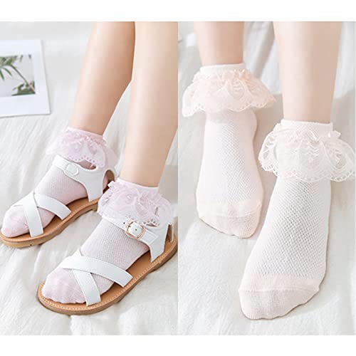4 Pairs Lace Ruffle Ankle Socks for Girl, Cotton Princess Style Toddler Dress Sock for 2-11 Years3