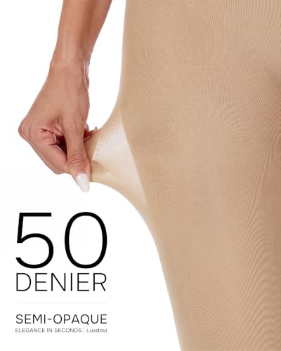 Image of Luxdovi Women Ultra Soft 50 Denier Silky Tights Semi Opaque Solid Color Pantyhose High Waist Footed Stockings