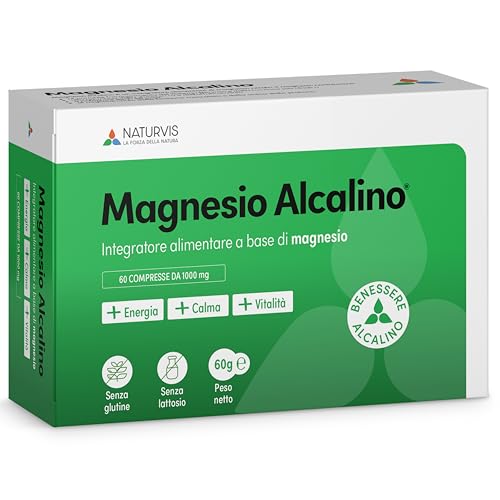NATURVIS MAGNESIO ALCALINO, Integratore Magnesio Citrato, 60 compresse, Made in Italy, 100% Naturale; riduce la stanchezza, migliora sonno e concentrazione, supporta il sistema nervoso e muscolare