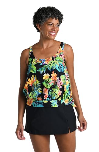 Maxine of Hollywood Women's Standard Side Tie Scoop Neck Banded Tankini Swimsuit Top, Black//Oahu Oasis, 14