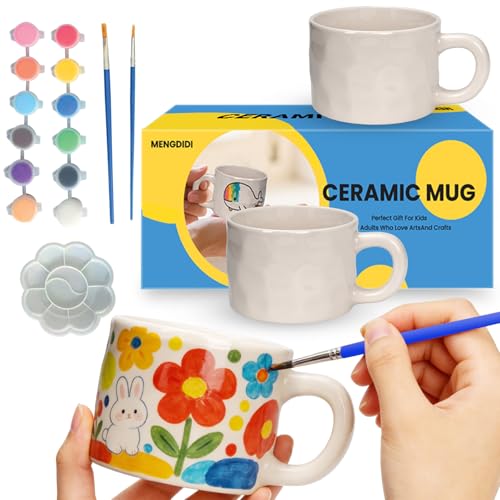 MENGDIDI Paint Your Own Mug Kit for Adults Kids DIY Ceramic Mug Painting Set with 2 Blank White Coffee Mugs Paints and Brushes Creative Craft Gift for Mothers Day Fathers Day & Valentines Day
