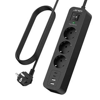 JSVER Parafoudre et Surtension,Multiprise USB 4M avec 3 Sortie AC et 4 Ports USB(2 Typ C), Adaptateur Secteur 3680W avec Interrupteur, Mult Prise pour Bureau et Maison-Noir