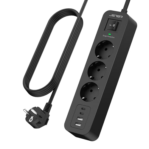 JSVER Parafoudre et Surtension,Multiprise USB 4M avec 3 Sortie AC et 4 Ports USB(2 Typ C), Adaptateur Secteur 3680W avec Interrupteur, Mult Prise pour Bureau...