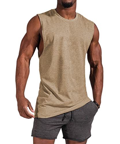 Ziwoch Men's Sleeveless Tank Tops Crewneck Solid Loose Fit Shirt Khaki #TOP2