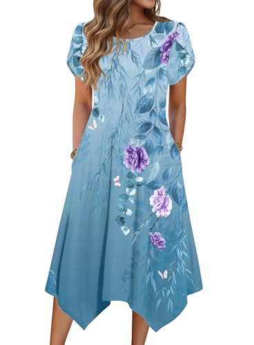 Zeagoo Petite Cotton Sundresses for Women Short Sleeves Beach Summer Dresses for Women Casual Spring Midi Dresses for Vacation Boho Midi Sundress Blue S
