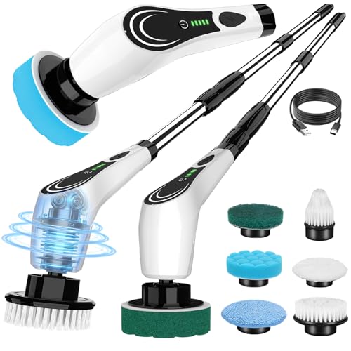 Image of Electric Spin Scrubber, Cordless Power Scrubber with 8 Replaceable Brushs, 2-Speed Adjustable Handle Shower Scrubber, IPX7 Waterproof Cleaning Brush for Bathroom, Tile, Tub, Teens, White-qe1