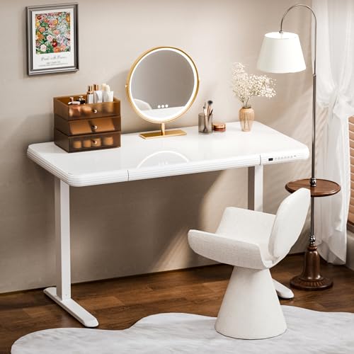 Image of FLEXISPOT Comhar 48 inch Electric Glass Standing Desk with Drawers, USB Charging, Quick Assembly, Tempered Glass Top, Height Adjustable Sit Stand Desk for Modern Minimalist Home Office, White