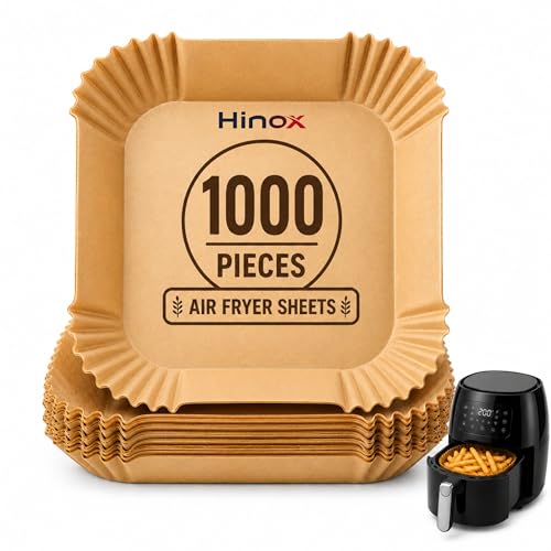 Image of HINOX Air Fryer Paper Liners Square Disposable, Non Stick Oil Proof Parchment Sheets, Heat Resistant Food Grade Baking Paper for Cooking & Frying (1000 Sheets)