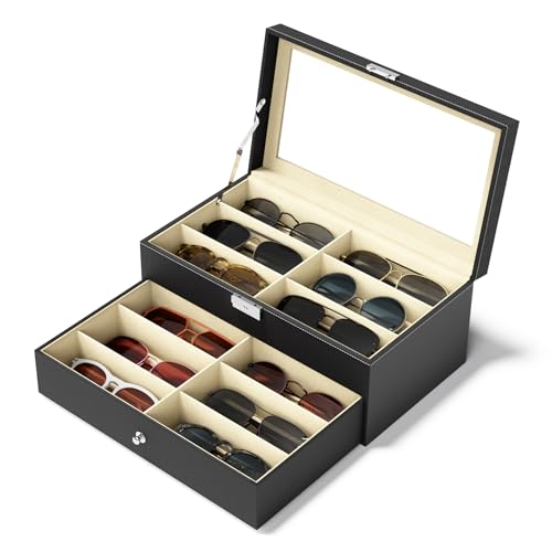 NEWLOOP Sunglasses Case Storage Organizer - Sunglass Organizer See-through Display Case Multiple Pairs Glasses Holder Stand 2-layer Eyeglass Jewelry Watch Collection Box with 12 Slot
